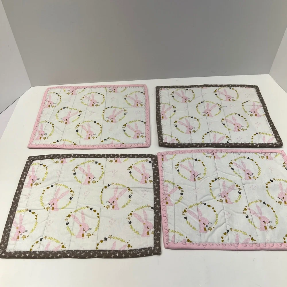 Handmade Woodland Deer Bunny‎ Kids Placemats Set of 4 Pink Brown Reversible 10x8
